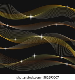 Shiny golden waves and stars. Vector eps 10