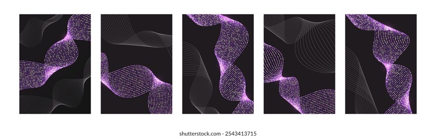 Shiny golden wavy lines on black background. Dynamic sound waves, energy flow, pulsation of musical particles. Vector illustration. Luxurious templates for covers, presentations, brochures, advertisin