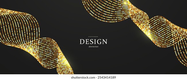Shiny golden wavy lines on black background. Dynamic sound waves, energy flow, pulsation of musical particles. Vector illustration.