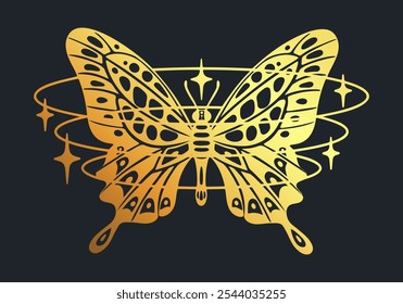 Shiny golden y2k butterfly. Metallic abstract y2k insect, butterfly with sparkle stars and oval shapes flat vector illustration. Cartoon gold butterfly silhouette