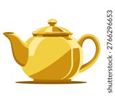 Shiny golden yellow teapot vector illustration, a bright cartoon-style kitchenware clipart featuring a classic teapot with elegant lid, curved spout, sturdy handle and soft shadow, isolated on clean white background. Perfect scalable EPS vector for tea time concepts, tea party invitations, food and drink graphics, menu cards, kitchen posters, home decor projects, and culinary designs. Ideal stock illustration for tea lovers, beverage branding, recipe books, and professional designers seeking versatile kitchen object elements.