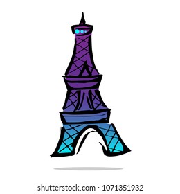 Shiny Gradient Blue, Violet of Paris France Travel Tower City Architecture. Flat Line Icon, Sign, Symbol Isolated Background. Graphic Design Abstract Art, Elements, Vector Illustration EPS 10