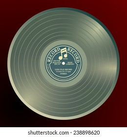 Shiny gramophone vinyl LP record with blue label. Bronze musical long play album disc 33 rpm. old technology, realistic retro design, vector art image illustration, isolated on red background eps10