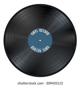 Shiny gramophone vinyl LP record with blue label. Black musical long play album disc 33 rpm. old technology, realistic retro design, vector art image illustration, isolated on white background eps10