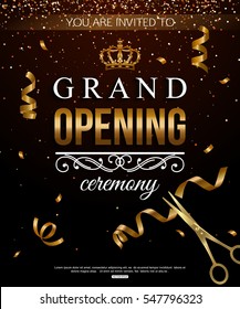 Shiny Grand Opening background with ribbon, confetti and scissors. Vector illustration