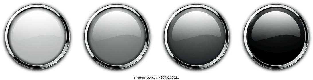 Shiny gray buttons set, with metallic chrome frames, vector 3D illustration.