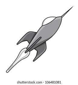 Shiny gray scale rocket with fire flame, vector illustration