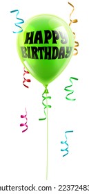 A shiny green balloon with the words Happy Birthday written on it