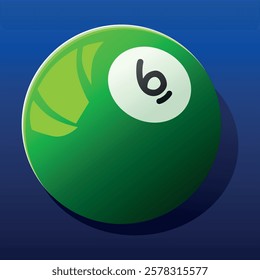 Shiny green billiard ball number 6 with realistic reflections and shadows, isolated on a dark background. A perfect icon for pool, snooker, and sports-related designs, ideal for gaming aesthetics