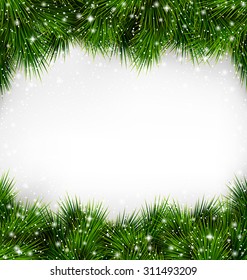 Shiny Green Christmas Tree Pine Branches Like Frame with Snowfall on White Background