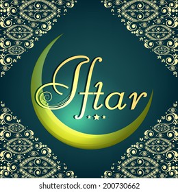 Der glänzende grüne Halbmond auf goldenem, floralem Hintergrund für Iftar-Feierlichkeiten. 