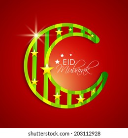 Shiny green crescent moon on red background for the Muslim community festival Eid Mubarak celebrations. 