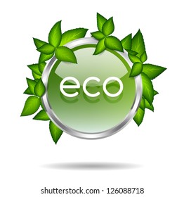 Shiny green glass vector badge with green leaves - eco