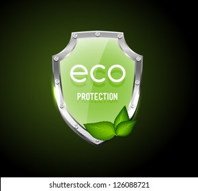 Shiny green glass vector shield with green leaves - eco protection