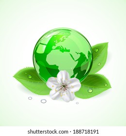 Shiny green globe with flower and leaves, illustration
