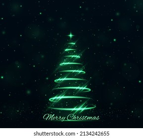 Shiny green magical spiral Christmas tree with shining star. Stylized Merry Christmas tree silhouette from shiny stars.