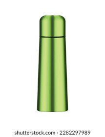 Shiny green metal thermos bottle on white background realistic vector illustration