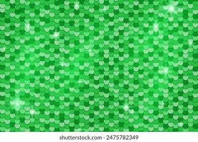 Shiny green metallic sequins horizontal background. Festive elegant texture, template for banner, greeting card, invitation