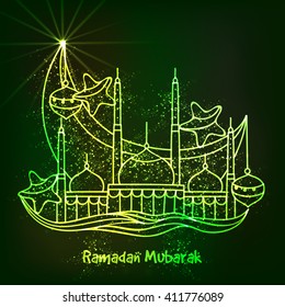 Shiny Green Mosque with big Crescent Moon, Lamps and Stars for Holy Month of Muslim Community Festival, Ramadan Kareem celebration.