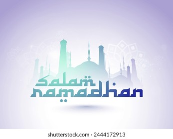 Shiny green mosque with stylish text Salam Ramadhan on floral design decorated sky blue background for Islamic holy month of prayers, Ramadan Kareem celebration.