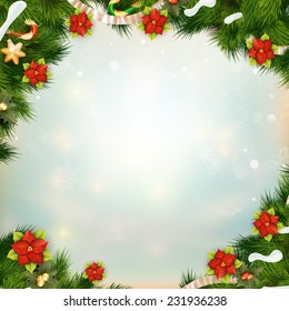 Shiny green pine branches like frame with flower of poinsettia. EPS 10 vector file included