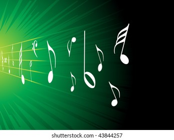 shiny green rays background with music notes
