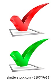 Marcas de verificación brillantes verdes y rojas ilustración vectorial sobre caja plateada aislada en fondo blanco