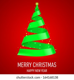 Shiny green ribbon Christmas tree on red background. Greeting card.