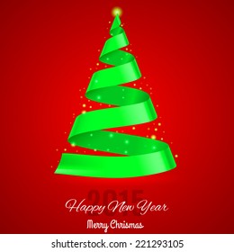 Shiny green ribbon Christmas tree on red background. Greeting card 2015