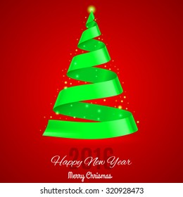 Shiny green ribbon Christmas tree on red background. Greeting card Twenty-Sixteen