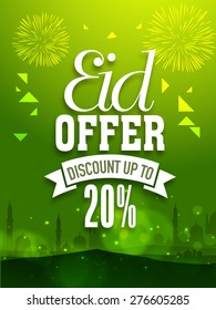 Shiny Green Sale Poster, Banner Or Flyer Design Decorated With Fireworks And Mosque Silhouette  For Muslim Community Festival, Eid Celebration.