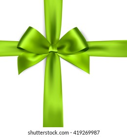 Shiny green satin ribbon on white background. Vector green bow. Green bow and green ribbon. Christmas gift, valentines day, birthday  wrapping element