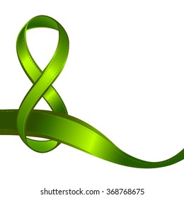 Shiny green symbol of infinity or number eight, smooth glossy ribbon isolated on white background.