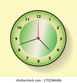 Shiny Green Wall Clock With Yellow Background, Analog Wall Clock, Mock-up for branding and advertise isolated on Yellow background.