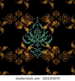 Shiny green and yellow backdrop. Vector illustration. Polka dots, confetti. Seamless pattern with bstract geometric modern elements on black background. Art deco style.