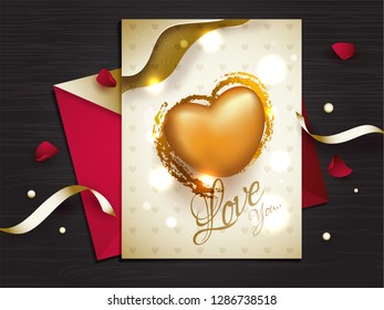 Shiny greeting card design with golden heart shape and lettering of love for Valentine's Day celebration.