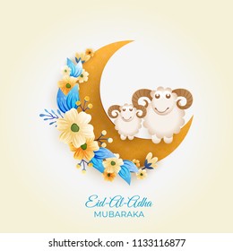 Shiny greeting card design with illustration of sheep on golden crescent moon decorated with colorful flower for celebration of Eid Al Adha festival. 