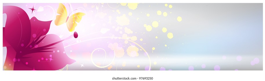 Shiny grunge banner with pink lily flower and floral elements