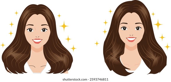 Shiny Hair Woman Vector. Beautiful girl with glossy hair. Hair care, beauty, healthy hairstyle