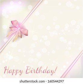 Shiny happy birthday background with ribbons and bow in light colors