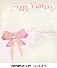 Shiny happy birthday background with ribbons and bow in light colors