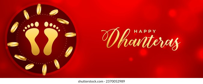 shiny happy dhanteras event poster with goddess feet and gold coin vector. Translation: Happy Dhanteras, dhan means wealth teras means thirteen