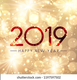 Shiny Happy New Year 2019 card with gold fireworks. Vector background.