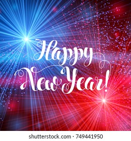 Shiny Happy New Year with Colorful Fireworks. 2018 Festive brightly colorful bursting. Vector illustration.