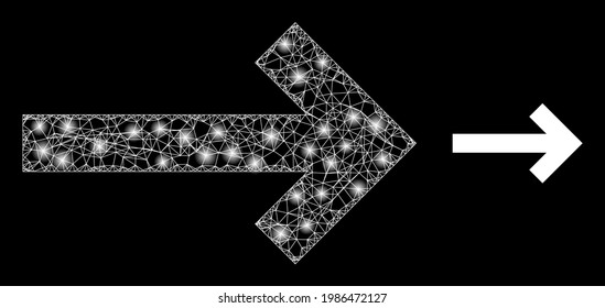 Shiny hatched direction arrow with glowing spots. Wire frame flat mesh generated with crossing white lines and direction arrow icon.
