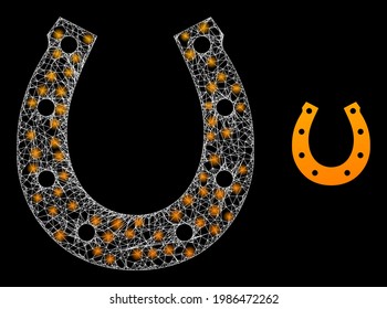 Shiny hatched lucky horseshoe with lightspots. Wire carcass flat mesh generated with crossing white lines and lucky horseshoe icon.