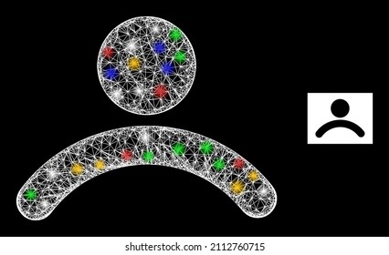 Shiny hatched mesh customer with multi colored glowing spots. Illuminated vector frame created from customer icon. Sparkle frame mesh customer, on a black backgound.