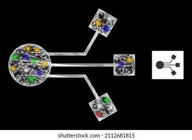 Shiny Hatched Mesh Electronic Component With Colorful Flash Nodes. Illuminated Vector Framework Created From Electronic Component Icon. Sparkle Frame Mesh Electronic Component, On A Black Backgound.