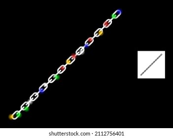 Shiny hatched mesh long chain with colored light dots. Illuminated vector mesh created from long chain pictogram. Sparkle carcass mesh long chain, on a black backgound.