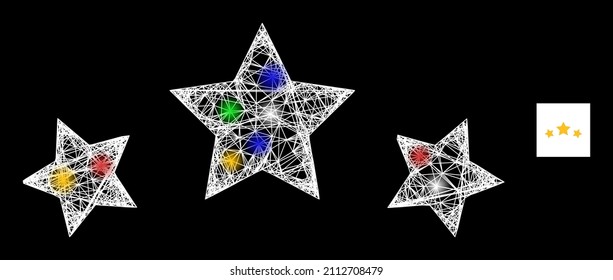 Shiny hatched mesh star rating with colored flash nodes. Illuminated vector mesh created from star rating symbol. Sparkle constellation mesh star rating, on a black backgound.